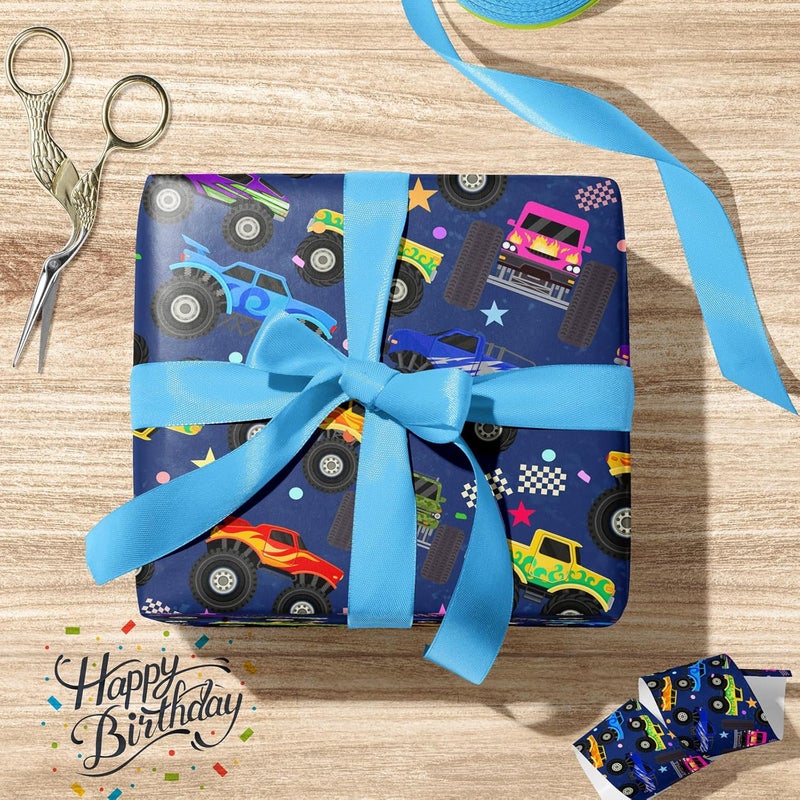 Cuitpan Monster Truck Wrapping Paper - Colorful Monster Trucks with Stars, Dots & Fun Patterns Design - Ideal for Kids & Car Enthusiasts Gift Wrapping - 40×28 Inches, 4 Folded Sheets - Image 5